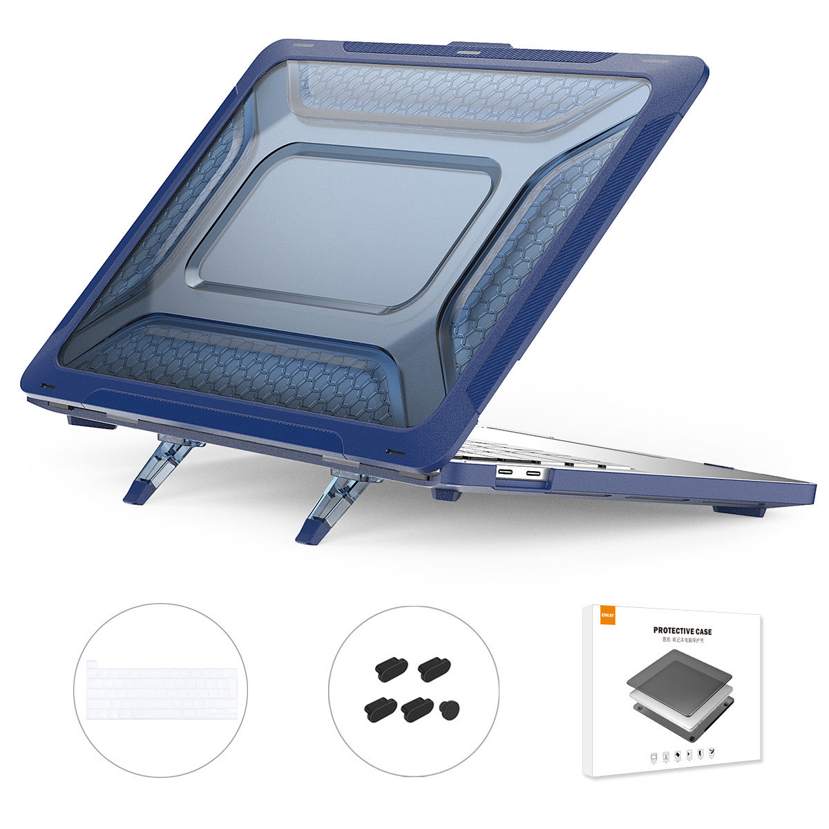 for MacBook Pro 13 inch (2020) A2251 / A2289 / A2338 (EU Version) Hard PC Protective Cover Kickstand Laptop Case with Transparent TPU Keyboard Film + Anti-Dust Plugs - Blue for MacBook Pro 13 inch (2020) A2251 / A2289 / A2338 (EU Version) Hard PC Protective Cover Kickstand Laptop Case with Transparent TPU Keyboard Film + Anti-Dust Plugs - Blue